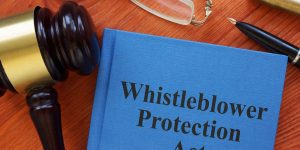 An image of a whistleblower titled book and a gavel