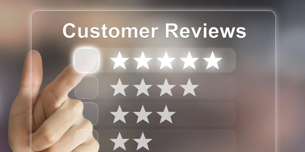 a hand selecting a 5 star review among options - this is the banner for reviews page of cordello law